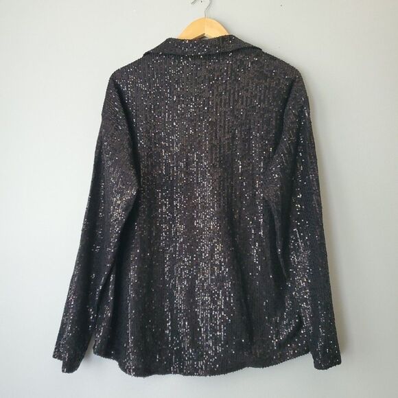 Black Sequin Long Sleeve Button UpV Neck Dress Blouse Womens Large - Picture 5 of 8